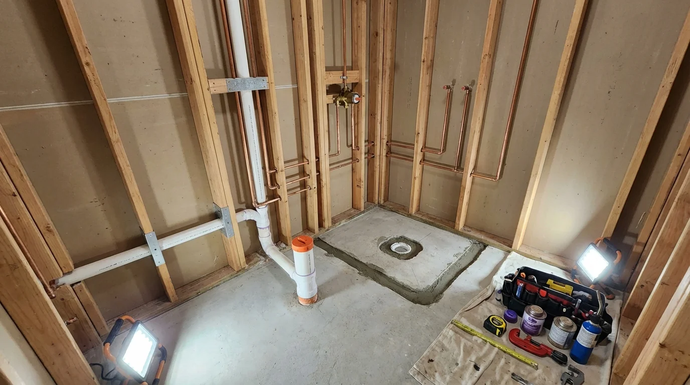 Bathroom rough-in plumbing during remodel by Johns Plumbing LLC in Clarinda