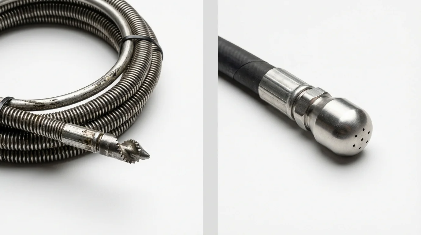 Drain snake cable and hydro jetting nozzle used for drain cleaning in Clarinda, IA
