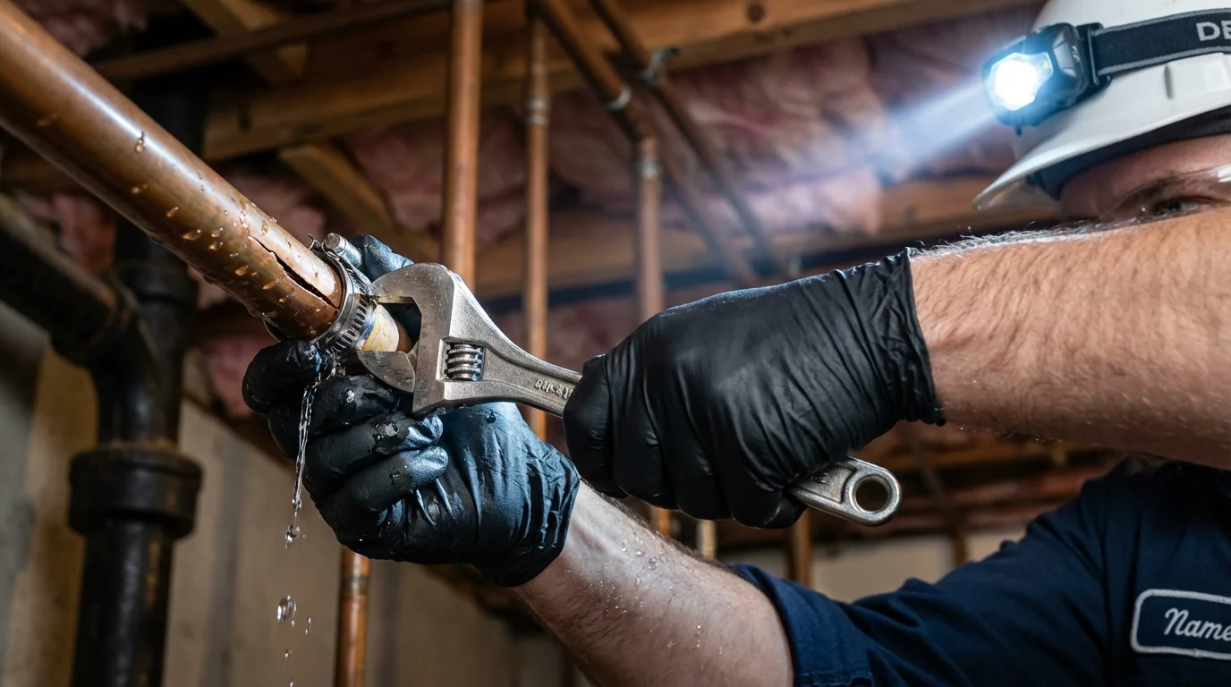 Emergency pipe clamp repair being performed by a Johns Plumbing LLC plumber in Clarinda