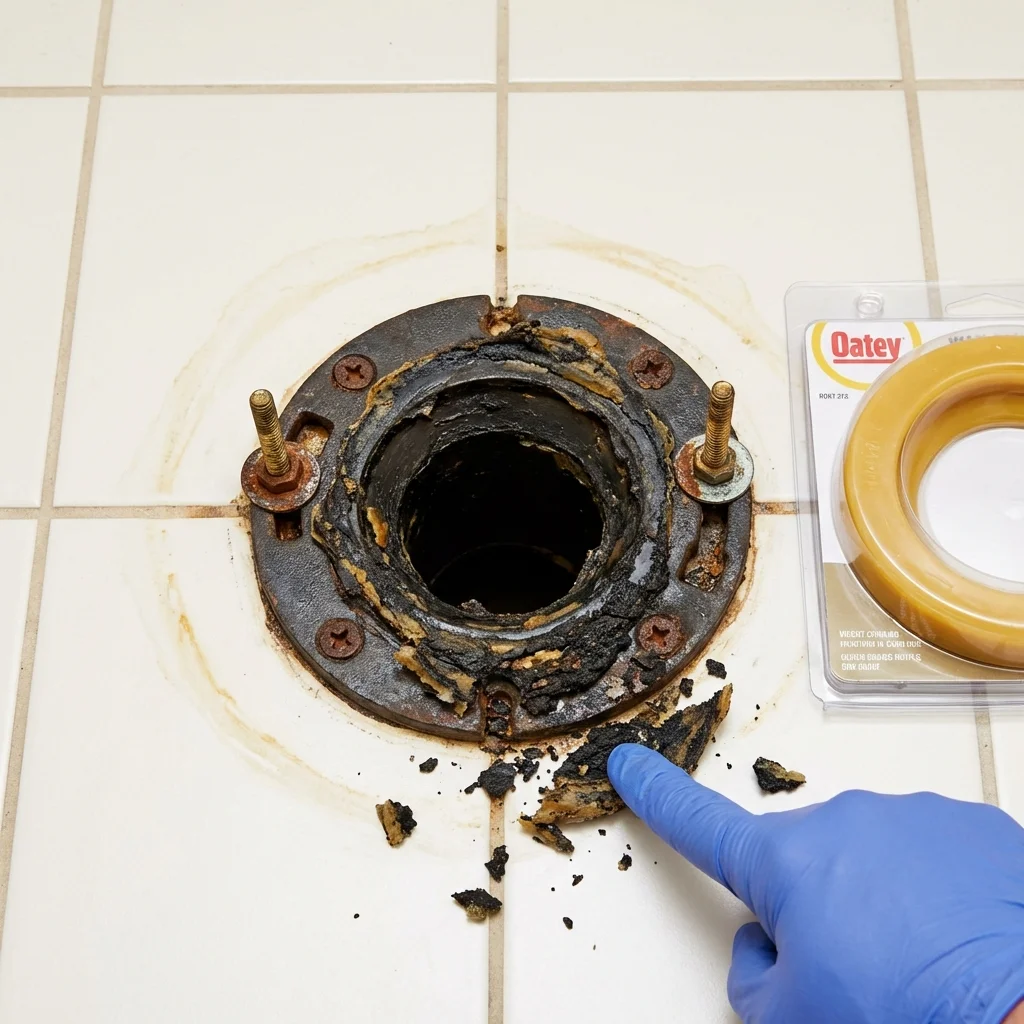 Failed wax ring showing water seepage at the base of a toilet in a Clarinda, IA home