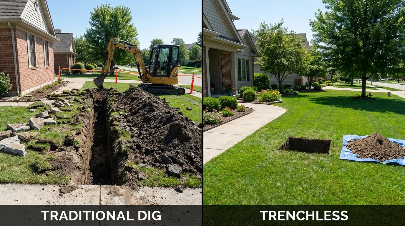 Trenchless sewer repair with minimal yard damage versus traditional excavation in Clarinda, IA