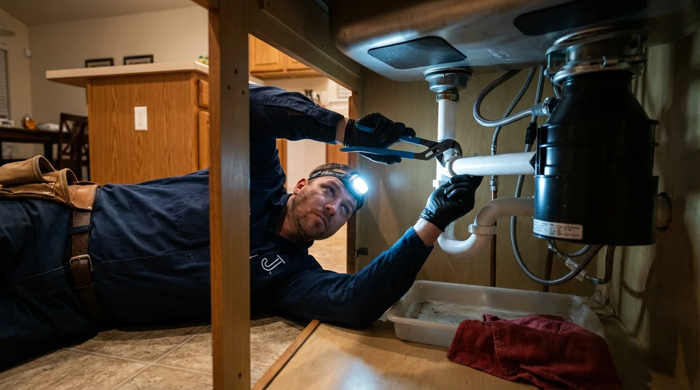 P-trap and supply line connections under a kitchen sink showing a common leak point in Clarinda, IA